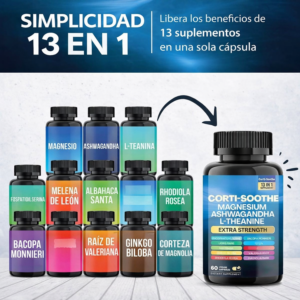 Corti-Soothe 13 en 1 – Antiestrés Natural, Enfoque y Relajación Profunda - 60 capsulas🌿
